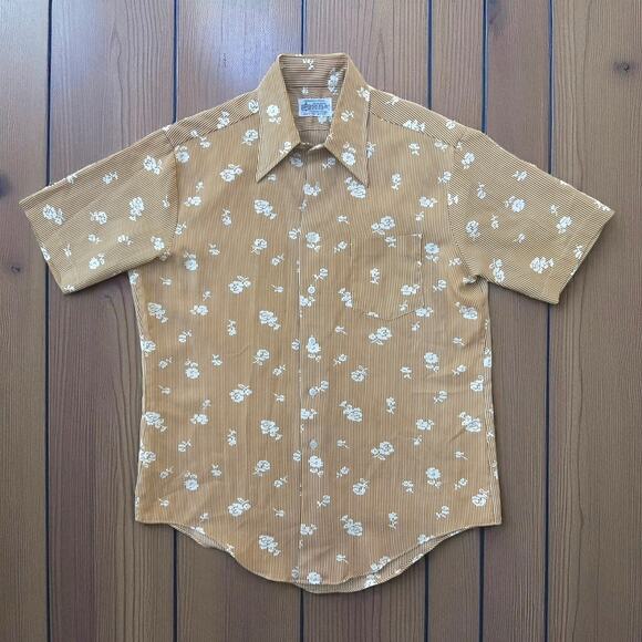 Vintage 70s Kmart Disco Floral Stripe Button Down Shirt Rockabilly Men's Large - Picture 1 of 11